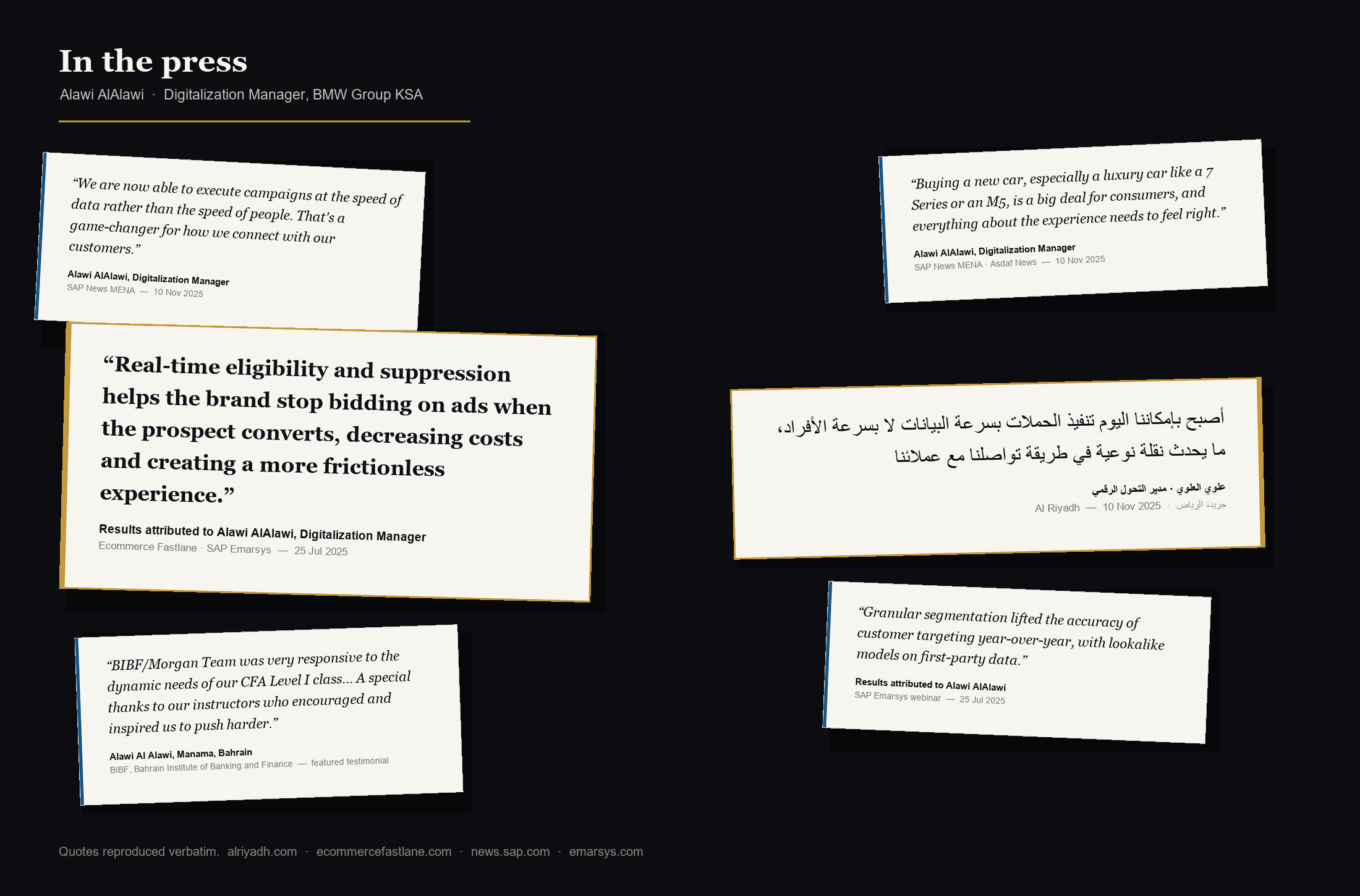 Press quotes from Alawi AlAlawi, Digitalization Manager at BMW Group KSA: Al Riyadh, Ecommerce Fastlane, SAP News MENA and SAP Emarsys, on executing campaigns at the speed of data, real-time eligibility and suppression, and granular segmentation.